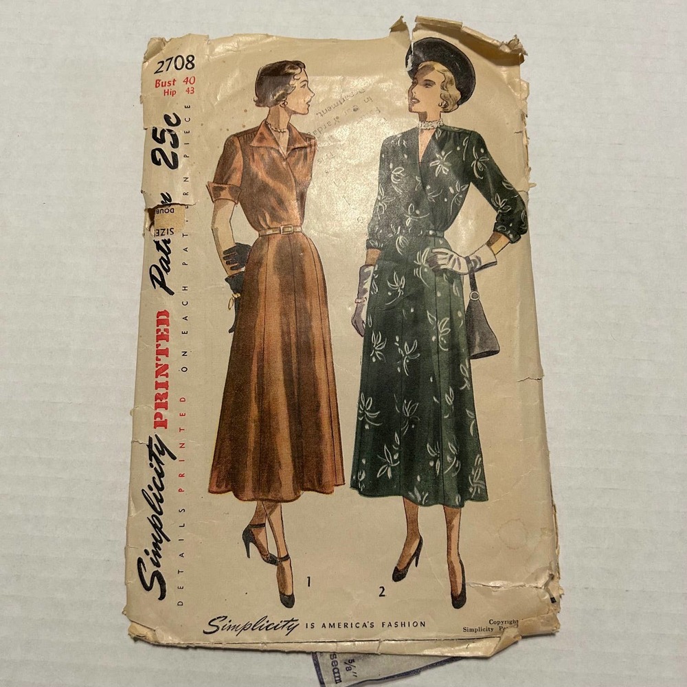 Simplicity Vintage 1940's Pattern #2708 Women's One Piece Dress